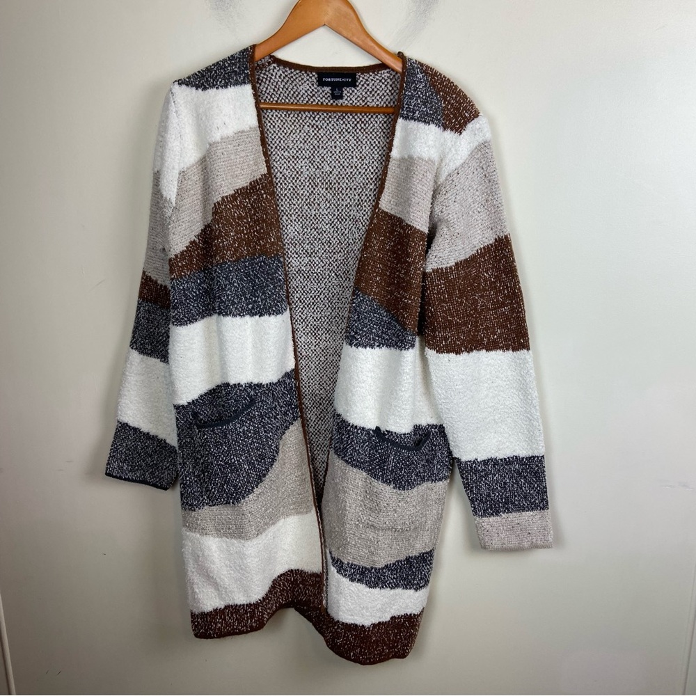 Fortune Ivy Cardigan Neutral‎ Cozy Longline Open Sweater Knit Large NWOT Soft